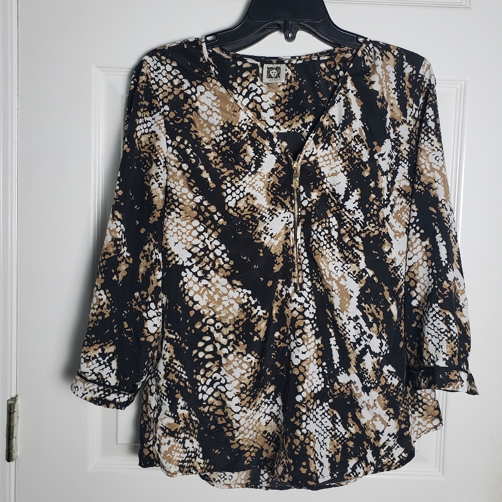 Anne Klien Multi Color Snake Skin Print Quarter Zip 3/4 Sleeve Blouse